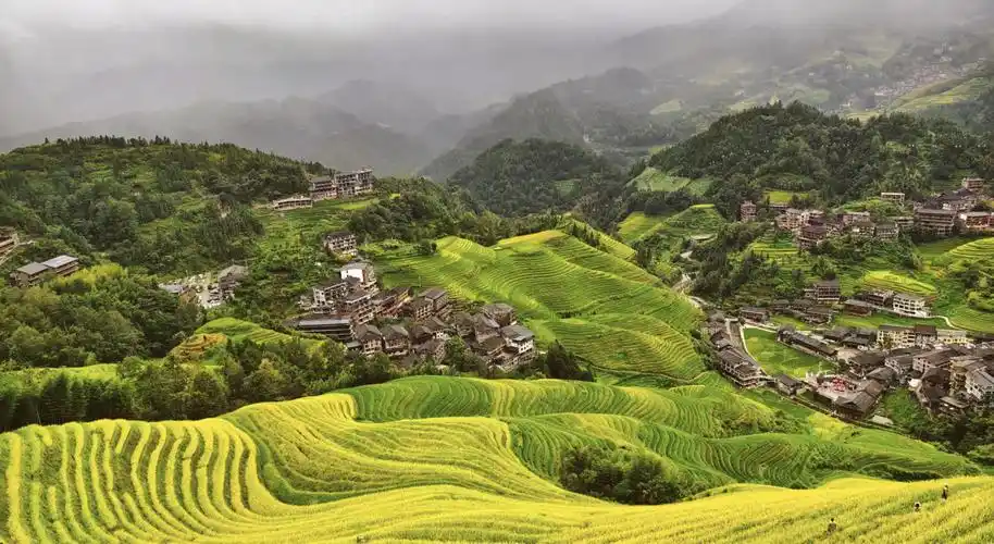云雾中的龙脊梯田和山间村寨